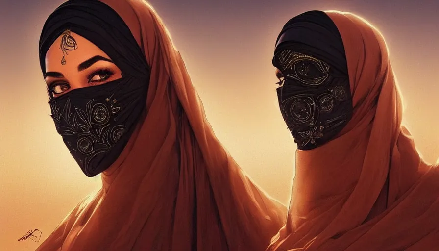 Image similar to Portrait of very very very very very very beautiful Arab woman wearing a Niqab, glowing magical eyes, energy trails, under giant full moon in the desert, intricate, elegant, highly detailed, digital painting, artstation, concept art, smooth, sharp focus, illustration, art by artgerm and greg rutkowski and alphonse mucha