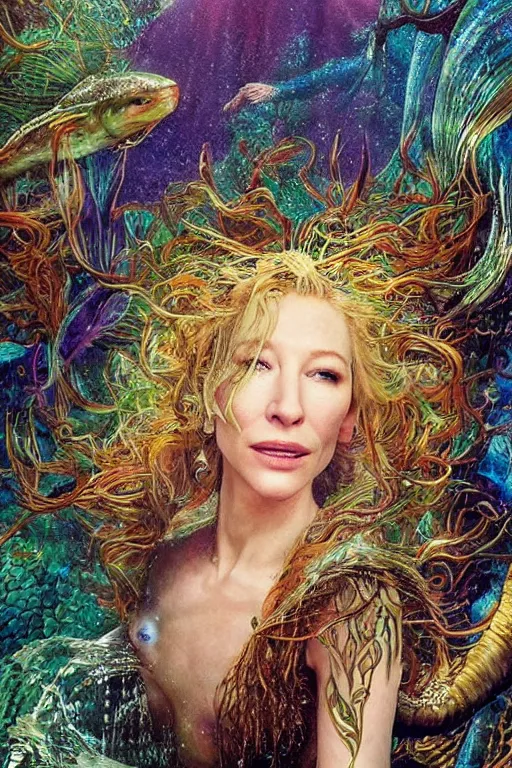 Image similar to a beautiful portrait of cate blanchett as a mermaid in a river of the amazon, ayahuasca, fantasy art, highly detailed, matte painting, visionary art