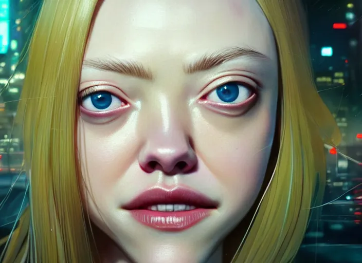 Image similar to a film still portrait of amanda seyfried as fried chicken, finely detailed features, closeup of face, cinematic lighting, perfect art, night cyberpunk city, intricate, anime, gapmoe grimdark, artstation, trending on pixiv fanbox, painted by greg rutkowski makoto shinkai takashi takeuchi studio ghibli, akihiko yoshida, 4 k