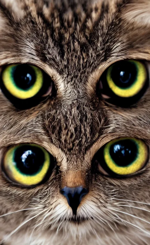 Image similar to half cat, half owl, big cute eyes, realism, photo, 8k, detailed, high quality