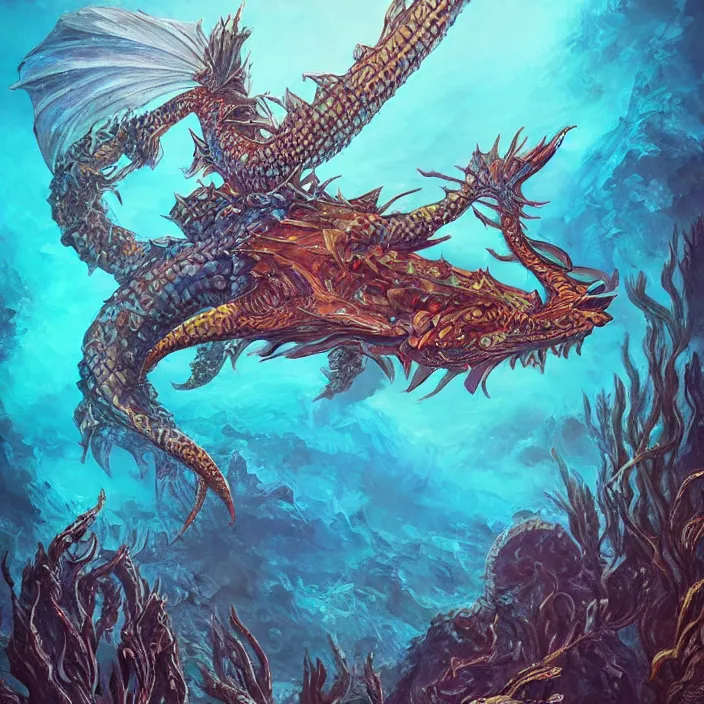 Image similar to underwater sea dragon full body, d & d style, trending on artstation, intricate, highly detailed, vivid painting, colorful, art by alexandr leskinen