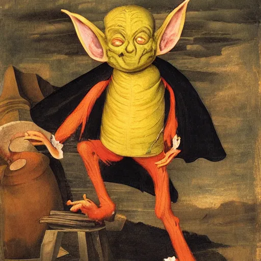Image similar to yellow goblin in a cloak wearing a fiddle for a hat, renaissance painting