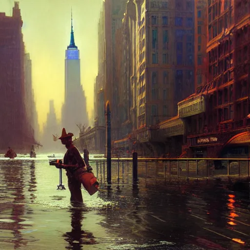 Image similar to modern new york city sinking in the ocean, water is entering. buildings, the whole city is half way underwater already, natural lighting, path traced, highly detailed, high quality, digital painting, by gaston bussiere, craig mullins, alphonse mucha j. c. leyendecker