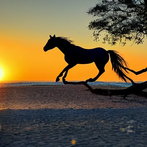 Prompt: a wild horse galloping on a beach and jumping over fallen trees during the sunset