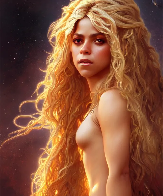 Image similar to Shakira as a fantasy magic woman portrait, sci-fi, amber eyes, face, long hair, fantasy, intricate, elegant, highly detailed, digital painting, artstation, concept art, smooth, sharp focus, illustration, art by artgerm and greg rutkowski and alphonse mucha