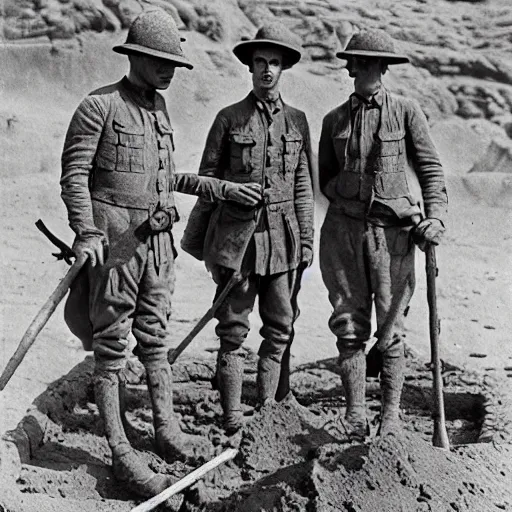 Image similar to ultra detailed photorealistic sepia - toned photo from 1 9 1 7, three british soldiers standing at an archaeological dig site in wadi rum, ultra realistic, painted, intricate details, lovecraft, atmospheric, dark, horror, brooding, highly detailed, by clyde caldwell