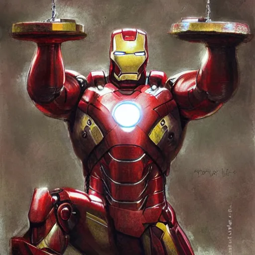 Prompt: ironman lifting mjolnir, by jean - baptiste monge