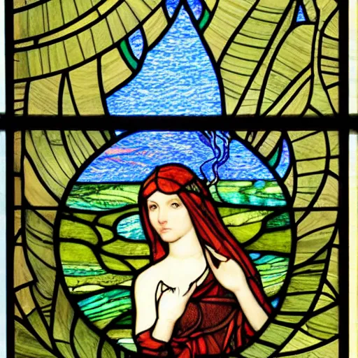 stained glass window of a woman swimming with turtles