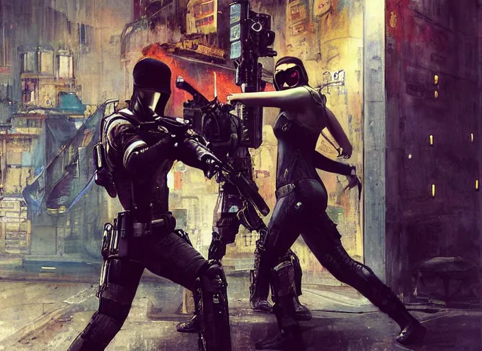 Prompt: sophia evades sgt Griggs. Cyberpunk hacker wearing jumpsuit escaping Cyberpunk police troopers (police state, Cyberpunk 2077, blade runner 2049). Iranian orientalist portrait by john william waterhouse and Edwin Longsden Long and Theodore Ralli and Nasreddine Dinet, oil on canvas. Cinematic, hyper realistic, Dramatic lighting.