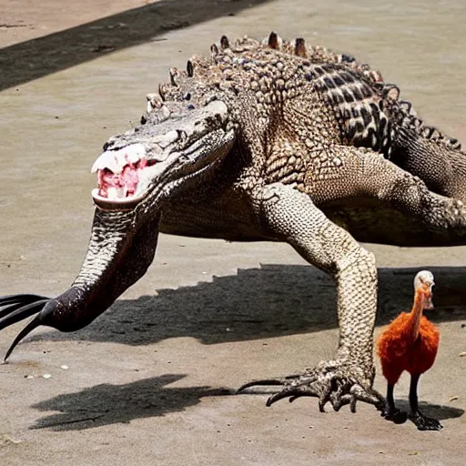 Prompt: Crocodile morphed with an ostrich, hybrid animal, picture taken in zoo, high quality