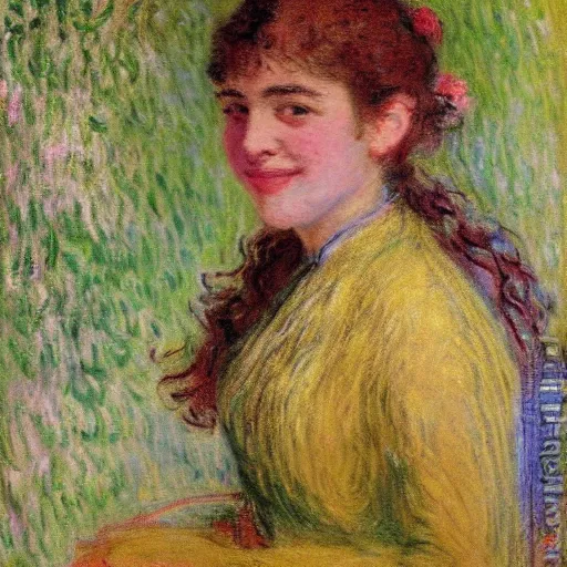 Prompt: representation of a young woman with a happy face in the year 1875 by Claude Monet, french impressionist