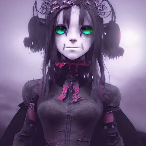 Image similar to full shot portrait of angry darkness cute anime girl at moonlight, gothic wearing, inspired by Tim Burton, Norihiro Yagi, WLOP, Marc Simonetti, Amano, Andrei Riabovitchev, detailed, unreal engine 4k volumetric light, fog,