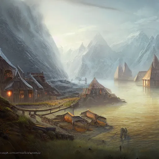 Prompt: viking city landscape photprealism ultradetailed digital art, irina french, heraldo ortega, mandy jurgens, golden ratio, art canvas, award winning, masterpiece trending on artstation 8 k 1 5 0 mpx