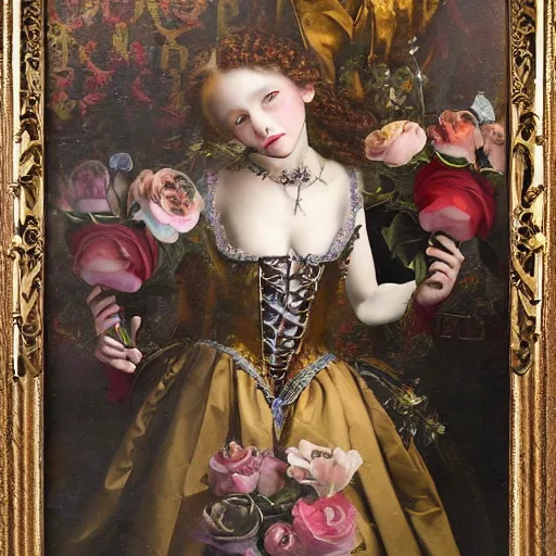 Image similar to renaissance, baroque 8k oil painting group of creepy young ladies wearing renaissance long harajuku manga dress with flowers and skulls, background chaotic flowers