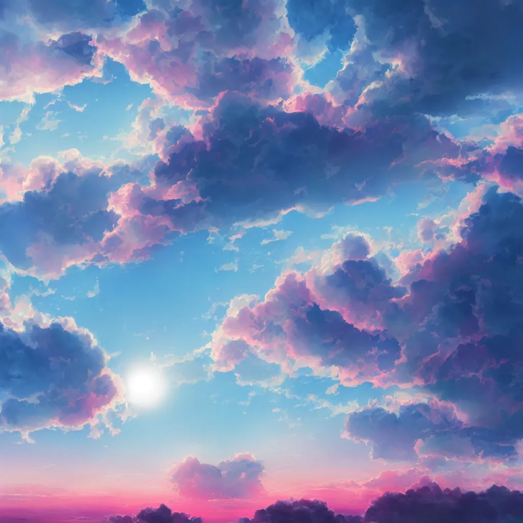 Image similar to sunrise empty sky over a continuous cloud layer, blue and pink accents, matte bright highly detailed, epic, 3D render, digital art, artstation, 8K artistic photography, photo-realistic, by Hiroya Oku, Jenny Seville, Salvador Dali, Francis Bacon, WLOP