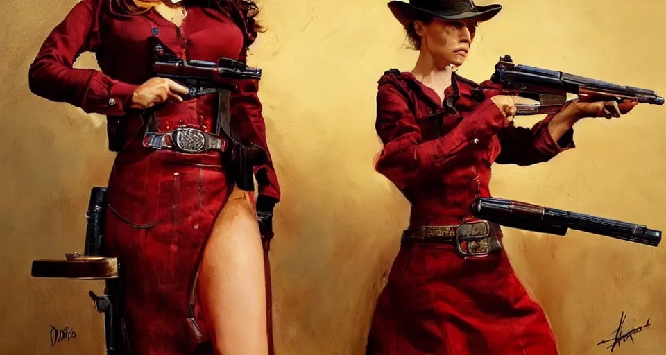 Image similar to a woman in a red wild west dress holding a shotgun, realistic painting by drew struzan, anatomically correct, beautiful, soft lighting, artstation