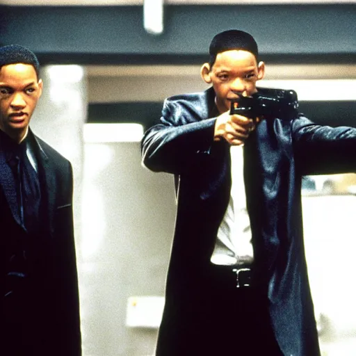 Image similar to film still of Will Smith as Neo in The Matrix, fight scene with agent smith in subway