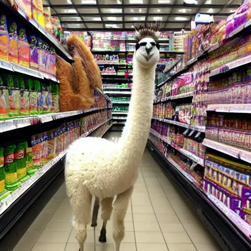 Prompt: llama in a grocery store