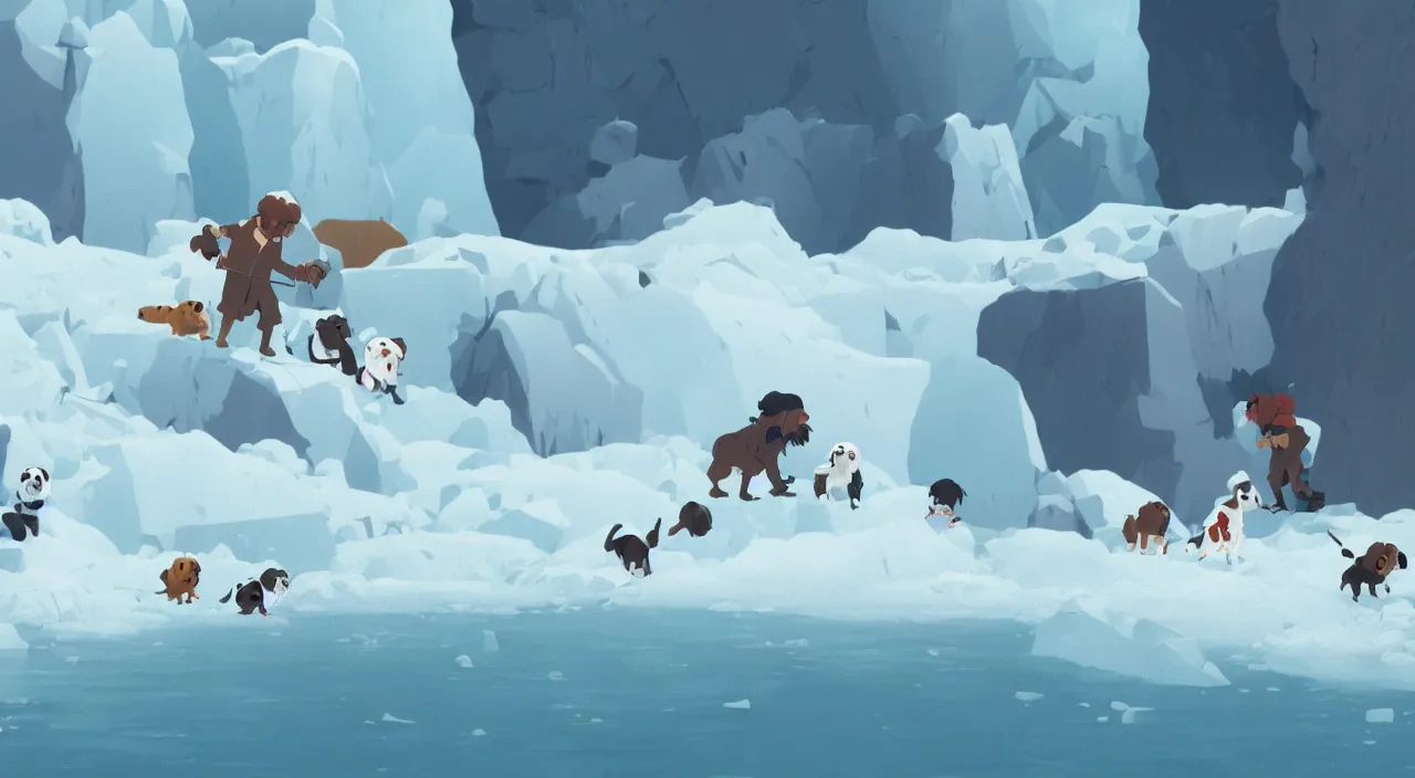 Image similar to havanese dogs rescuing arctic explorers at the edge of an ice cliff, 1 9 0 0, tartakovsky, atey ghailan, goro fujita, studio ghibli, rim light, scary, afternoon lighting, clear focus, very coherent