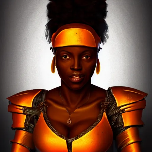 Image similar to beautiful portrait of an african american woman with an orange glow on her face medieval metallic knight armor, artstation, cgsociety, masterpiece, dark fantasy