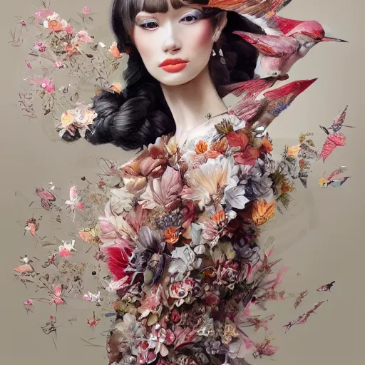 Prompt: 3 / 4 view of a beautiful girl wearing an origami dress, eye - level medium shot, fine floral ornaments in cloth and hair, hummingbirds, elegant, by eiko ishioka, givenchy, andrew atroshenko, by peter mohrbacher, centered, fresh colors, origami, fashion, detailed illustration, vogue, japanese, reallusion character creator