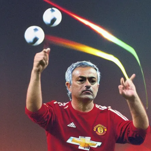 Image similar to jose mourinho flying in the sky throwing lasers from his eyes, award winning photograph