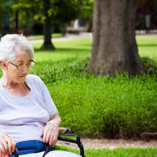 Image similar to an older woman sitting in a park using an oxygen concentrator, 4 k,