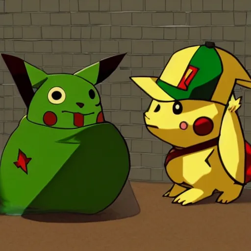 Prompt: A photorealistic green tin soldier from Team Fortress 2 saluting to Ash's Pikachu. Pikachu is drawn in an anime style and its head is replaced with the Heavy's head from Team Fortress 2. Pikachu is also happily saluting back at the tin soldier