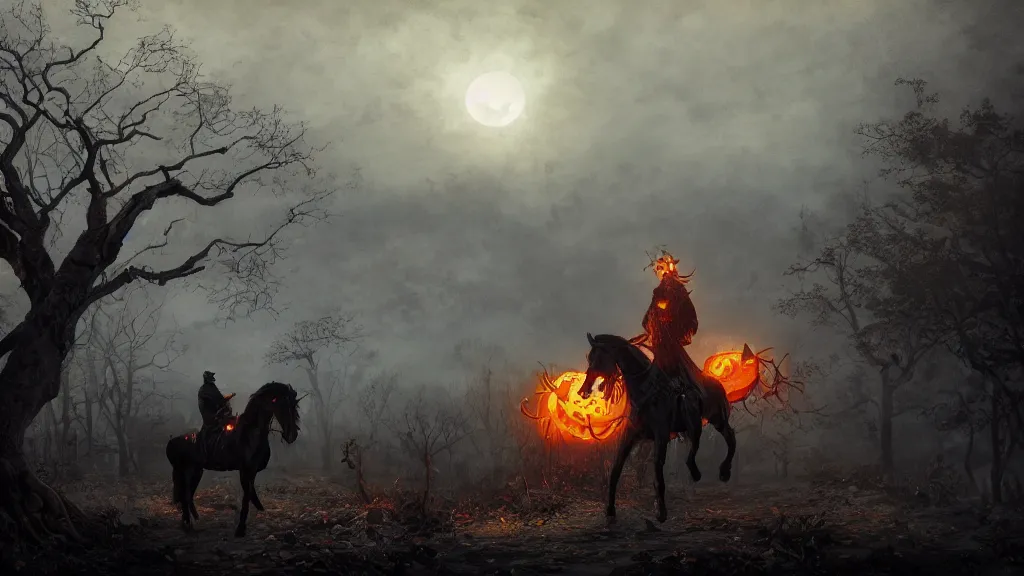 Image similar to rampant black horse with fiery eyes a headless colonial rider holds a jack - o - lantern, background gnarled trees and supermoon, in the styles of greg rutkowski, keith parkinson, and john quidor, intricate, detailed, volumetric lighting