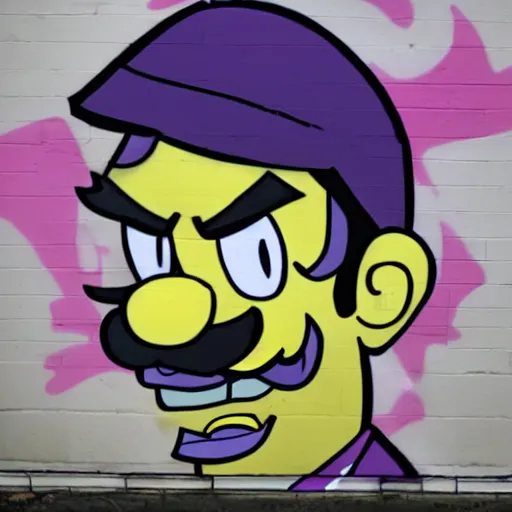 Prompt: waluigi crying, graffiti, photo