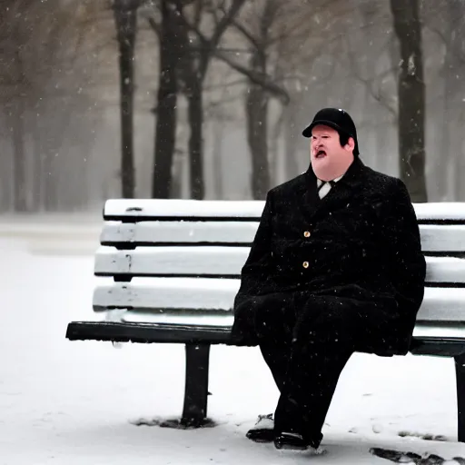 Image similar to Kevin Malone wearing a black ushanka hat and black wool overcoat sitting on a park bench during the winter