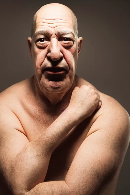 Image similar to studio portrait of man, 4 0 years, homer simpson lookalike, looks like a real life version of homer simpson, as if looking at a cartoon character, soft light, black background, fine skin details, close shot, award winning photo by annie leibovitz