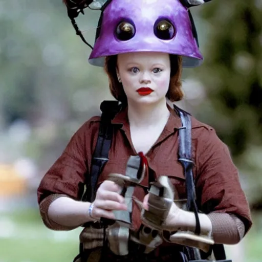 Image similar to Thora Birch wearing an ant helmet