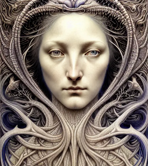 Prompt: detailed realistic beautiful iris goddess face portrait by jean delville, gustave dore, iris van herpen and marco mazzoni, art forms of nature by ernst haeckel, art nouveau, symbolist, visionary, gothic, neo - gothic, pre - raphaelite, fractal lace, intricate alien botanicals, ai biodiversity, surreality, hyperdetailed ultrasharp octane render