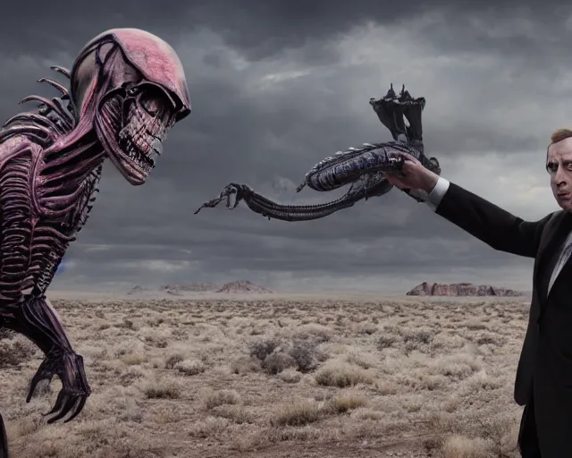 Image similar to film still saul goodman defending himself against an alien. illustration, unreal engine 5, 8 k, directed by h. r. giger.