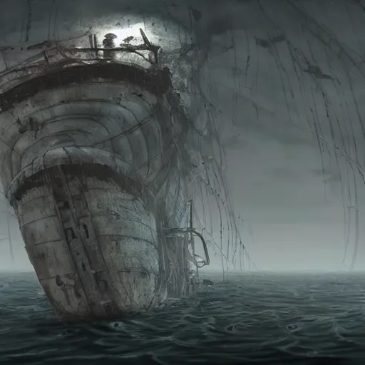 Image similar to an old ship on the bottom of the ocean that sunk long ago. mysterious, intimidating, haunted. horror movie screencap. epic. trending on artstation