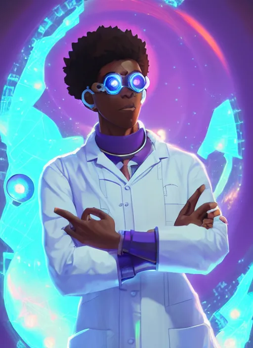 Image similar to afro - futurist scientist ( male, masculine ) in a lab studying holographic schematics + medium length shot | hyperrealistic digital painting by makoto shinkai, ilya kuvshinov, lois van baarle, rossdraws | afrofuturism in the style of hearthstone and overwatch, trending on artstation | purple palette and complimentary colors