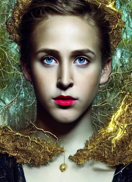 Image similar to glowing silver and golden elements, full close-up portrait, young female Ryan Gosling as a dark witch, book cover, green forest, white moon, red lips, establishing shot, extremly high detail, photo-realistic, cinematic lighting, pen and ink, intricate line drawings, by Yoshitaka Amano, Ruan Jia, Kentaro Miura, Artgerm, post processed, concept art, artstation, matte painting, style by eddie, raphael lacoste, alex ross