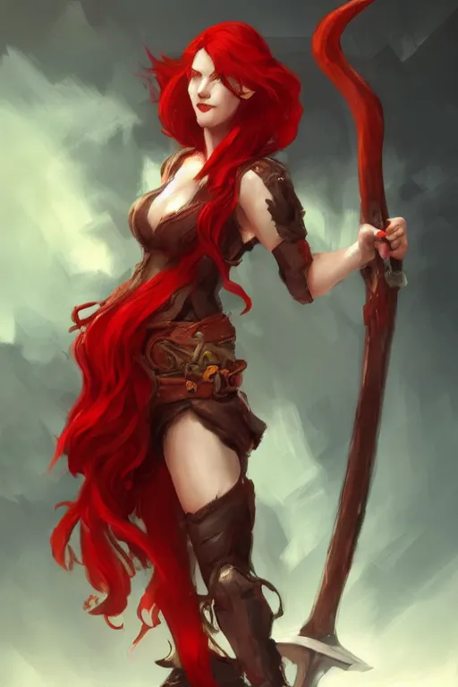 Image similar to a woman with red hair holding two large axes, concept art by senior character artist, artstation contest winner, fantasy art, concept art, artstation hd, 2 d game art