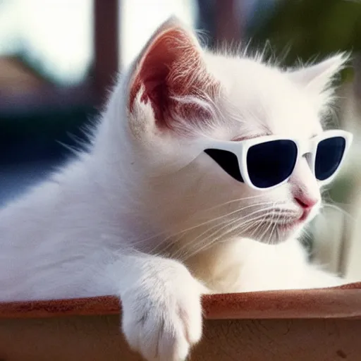 Prompt: a white kitten with sunglasses is surfing