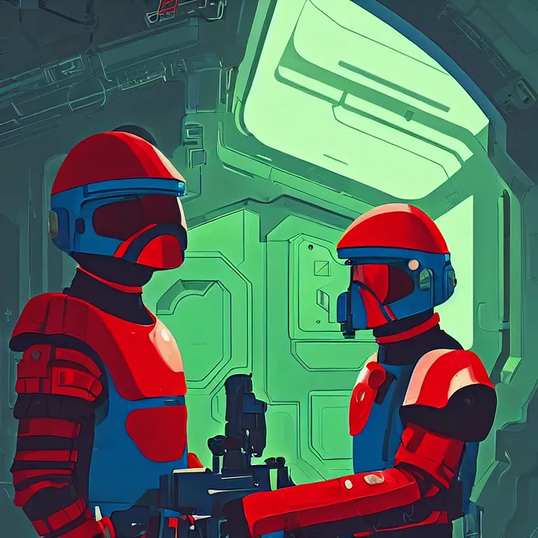 Image similar to A soldier wearing red armor with green visor, high-tech red armor, green visor, green lights in the armor, sci-fi soldier, inside a space station, dark blue space station, dark blue moods, art by James Gilleard, James Gilleard artwork, vintage