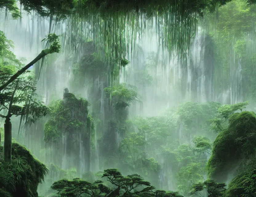 Image similar to a cinematic widescreen photo of ancient japanese temples in a misty bamboo cloud forest with waterfalls at dawn by studio ghibli by roger dean, photorealistic, 7 0 mm