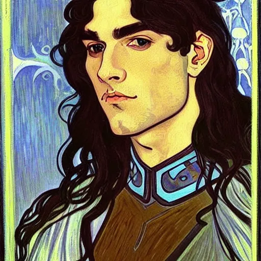 Image similar to painting of handsome beautiful paladin elf! man with long wavy dark hair in his 2 0 s named shadow taehyung at the blueberry party, wearing armor!, elegant, clear, painting, stylized, delicate, soft facial features, art, art by alphonse mucha, vincent van gogh, egon schiele,