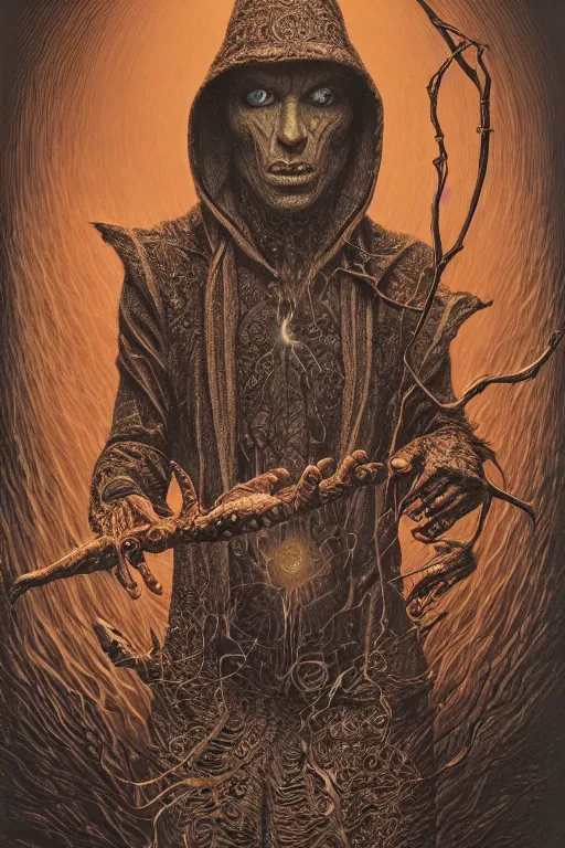 Image similar to highly detailed portrait of a dark mage casting a spell by alex grey, patrick woodroffe, mark ryden created by gustave dore and greg rutkowski, high detailed, smooth draw, synthwave neon retro, intricate, realistic proportions, dramatic lighting, trending on artstation