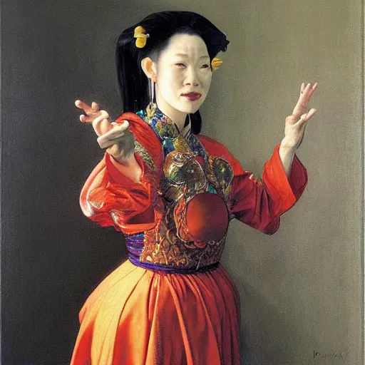 Image similar to portrait of a female east asian jester, by donato giancola and michelangelo merisi da caravaggio.