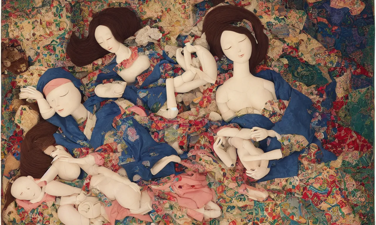 Image similar to a portrait of a beautiful female mannequin, a jointed wooden art doll with long flowing hair, sleeping on a patchwork quilt with a cat asleep next to her, cats sleeping, by Raphael, by Chiho Aoshima