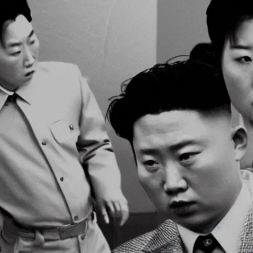 Prompt: a film still of a north korean film noir, video compression, ripple effect