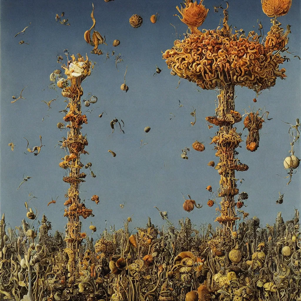 Image similar to a single colorful! ( sergio toppi ) fungus tower white! clear empty sky, a high contrast!! ultradetailed photorealistic painting by jan van eyck, audubon, rene magritte, agnes pelton, max ernst, walton ford, andreas achenbach, ernst haeckel, hard lighting, masterpiece