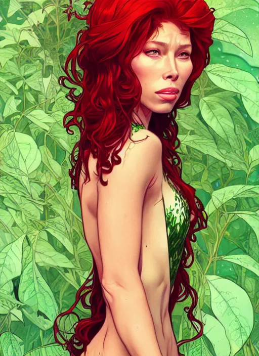 Image similar to jessica biel as poison ivy, character concept art, trending on artstation, red hair, highly detailed, high quality, digital illustration, alena aenami, alphonse mucha, tom bagshaw