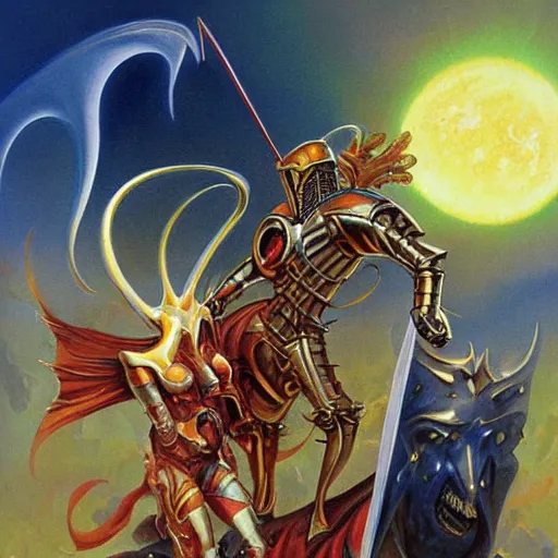 Image similar to a knight battling an alien king painting by boris vallejo & julie bell